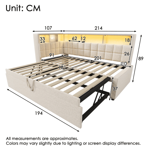 Cama individual 90x200 - Polipiel com LED, Bluetooth, USBType-C, cabeceira em L com arrumação - Bege Cama individual 90x200 - Polipiel com LED, Bluetooth, USBType-C, cabeceira em L com arrumação - Bege