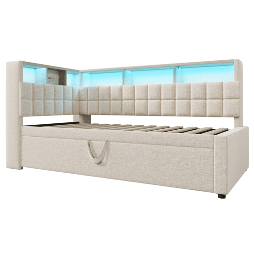 Cama individual 90x200 - Polipiel com LED, Bluetooth, USBType-C, cabeceira em L com arrumação - Bege Cama individual 90x200 - Polipiel com LED, Bluetooth, USBType-C, cabeceira em L com arrumação - Bege