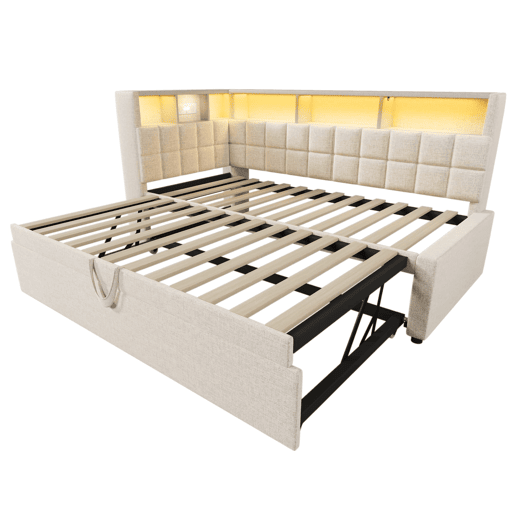 Cama individual 90x200 - Polipiel com LED, Bluetooth, USBType-C, cabeceira em L com arrumação - Bege Cama individual 90x200 - Polipiel com LED, Bluetooth, USBType-C, cabeceira em L com arrumação - Bege