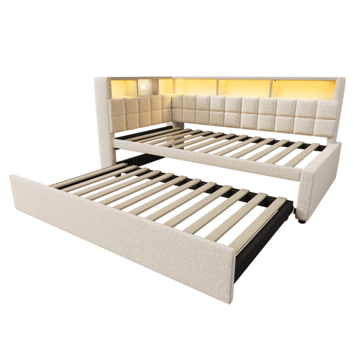 Cama individual 90x200 - Polipiel com LED, Bluetooth, USBType-C, cabeceira em L com arrumação - Bege Cama individual 90x200 - Polipiel com LED, Bluetooth, USBType-C, cabeceira em L com arrumação - Bege
