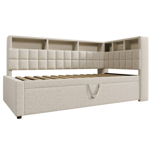 Cama individual 90x200 - Polipiel com LED, Bluetooth, USBType-C, cabeceira em L com arrumação - Bege Cama individual 90x200 - Polipiel com LED, Bluetooth, USBType-C, cabeceira em L com arrumação - Bege