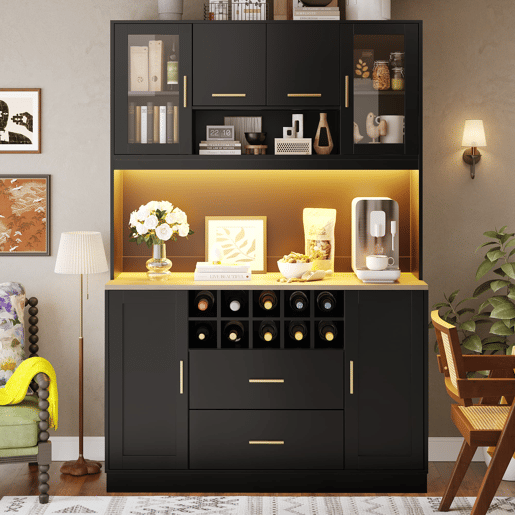 Armário lateral 120x36,3x180 cm - Com iluminação LED, seis portas, duas gavetas grandes - Preto