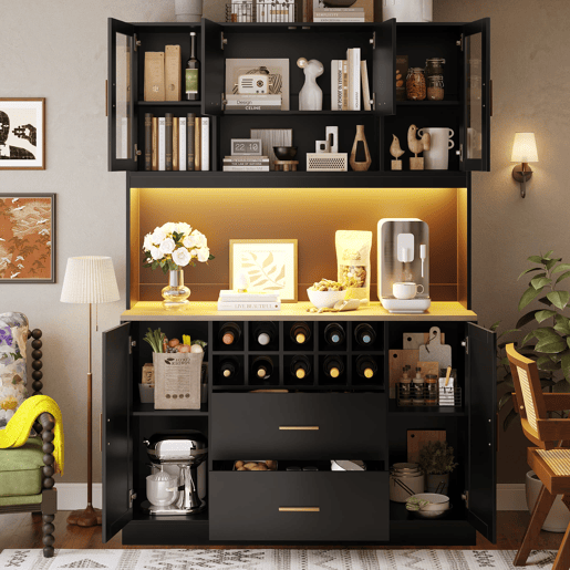 Armário lateral 120x36,3x180 cm - Com iluminação LED, seis portas, duas gavetas grandes - Preto