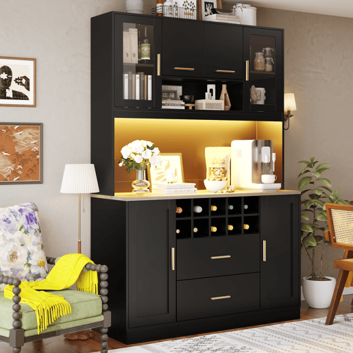 Armário lateral 120x36,3x180 cm - Com iluminação LED, seis portas, duas gavetas grandes - Preto
