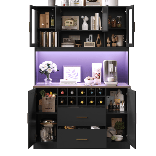 Armário lateral 120x36,3x180 cm - Com iluminação LED, seis portas, duas gavetas grandes - Preto