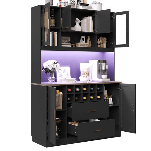 Armário lateral 120x36,3x180 cm - Com iluminação LED, seis portas, duas gavetas grandes - Preto