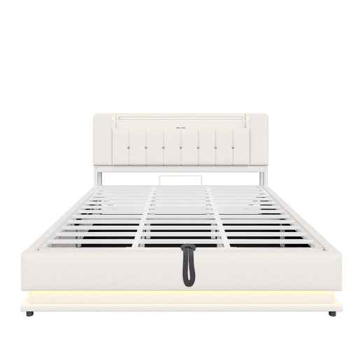 Cama estofada 180x200 cm - LED, USB, armazenamento hidráulico, veludo, estrutura metálica - Bege Cama estofada 180x200 cm - LED, USB, armazenamento hidráulico, veludo, estrutura metálica - Bege