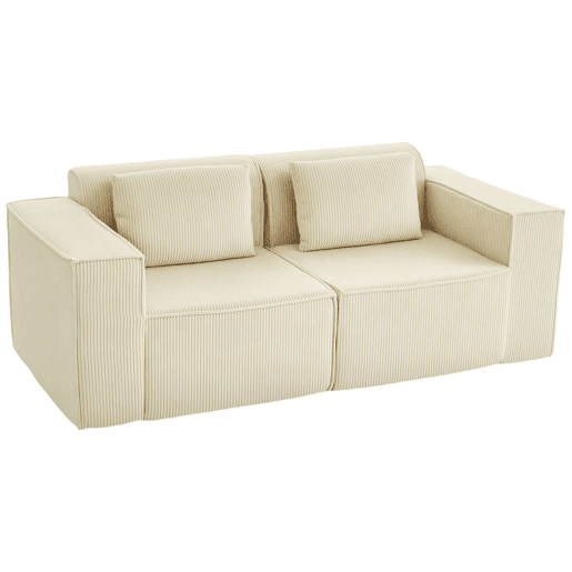HOMCOM Sofá de 3 Lugares, Sofá de Sala, 202x90x76 cm, Revestido em Veludo Canelado, Estofado Espesso, Assento Extra Profundo, Apoios de Braço Largos, 2 Almofadas, Bege