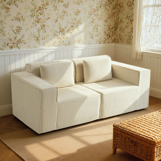 HOMCOM Sofá de 3 Lugares, Sofá de Sala, 202x90x76 cm, Revestido em Veludo Canelado, Estofado Espesso, Assento Extra Profundo, Apoios de Braço Largos, 2 Almofadas, Bege
