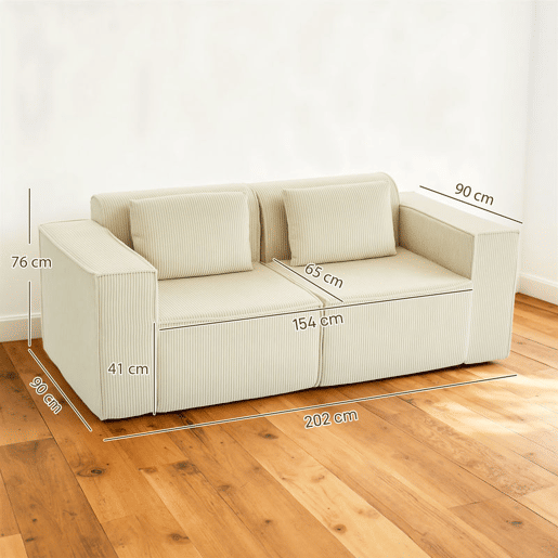 HOMCOM Sofá de 3 Lugares, Sofá de Sala, 202x90x76 cm, Revestido em Veludo Canelado, Estofado Espesso, Assento Extra Profundo, Apoios de Braço Largos, 2 Almofadas, Bege