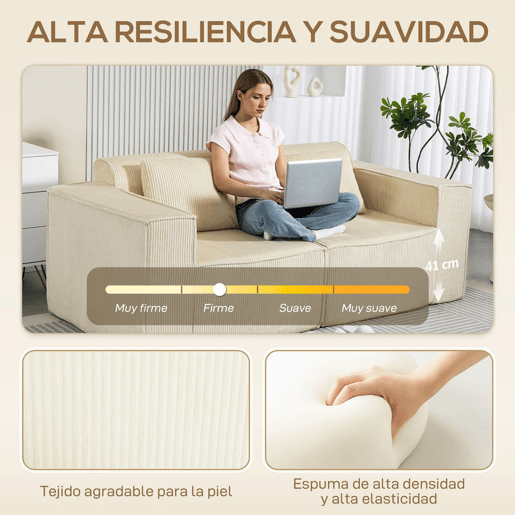 HOMCOM Sofá de 3 Lugares, Sofá de Sala, 202x90x76 cm, Revestido em Veludo Canelado, Estofado Espesso, Assento Extra Profundo, Apoios de Braço Largos, 2 Almofadas, Bege