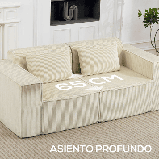 HOMCOM Sofá de 3 Lugares, Sofá de Sala, 202x90x76 cm, Revestido em Veludo Canelado, Estofado Espesso, Assento Extra Profundo, Apoios de Braço Largos, 2 Almofadas, Bege