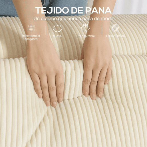 HOMCOM Sofá de 3 Lugares, Sofá de Sala, 202x90x76 cm, Revestido em Veludo Canelado, Estofado Espesso, Assento Extra Profundo, Apoios de Braço Largos, 2 Almofadas, Bege