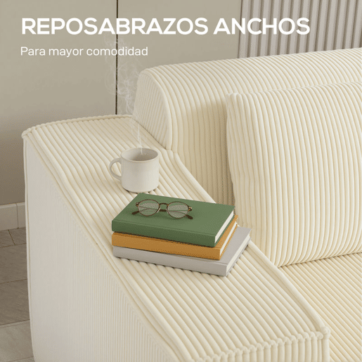 HOMCOM Sofá de 3 Lugares, Sofá de Sala, 202x90x76 cm, Revestido em Veludo Canelado, Estofado Espesso, Assento Extra Profundo, Apoios de Braço Largos, 2 Almofadas, Bege