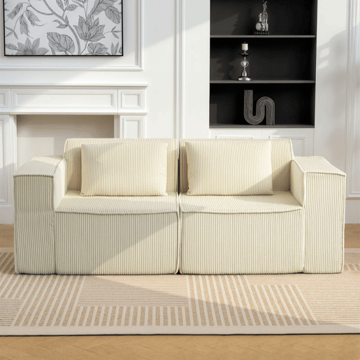 HOMCOM Sofá de 3 Lugares, Sofá de Sala, 202x90x76 cm, Revestido em Veludo Canelado, Estofado Espesso, Assento Extra Profundo, Apoios de Braço Largos, 2 Almofadas, Bege