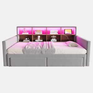 Sofá-cama extensível 90180x190 cm - Cabeceira com arrumação, LED e tomadas, 2 gavetas - Cinza claro