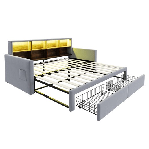 Sofá-cama extensível 90180x190 cm - Cabeceira com arrumação, LED e tomadas, 2 gavetas - Cinza claro