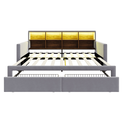 Sofá-cama extensível 90180x190 cm - Cabeceira com arrumação, LED e tomadas, 2 gavetas - Cinza claro