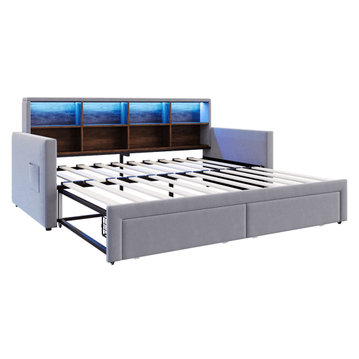Sofá-cama extensível 90180x190 cm - Cabeceira com arrumação, LED e tomadas, 2 gavetas - Cinza claro