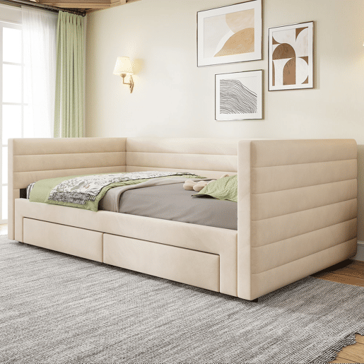 Sofá-cama 90x190 cm 3 em 1 - Multifuncional com gavetas, convertível em cama individualdupla - Bege