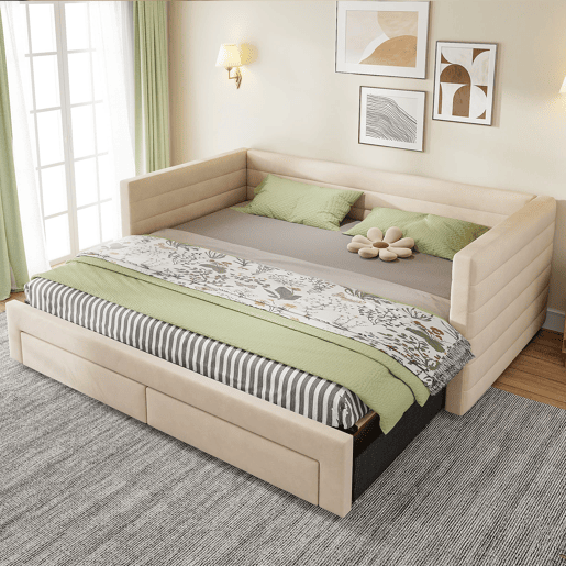 Sofá-cama 90x190 cm 3 em 1 - Multifuncional com gavetas, convertível em cama individualdupla - Bege