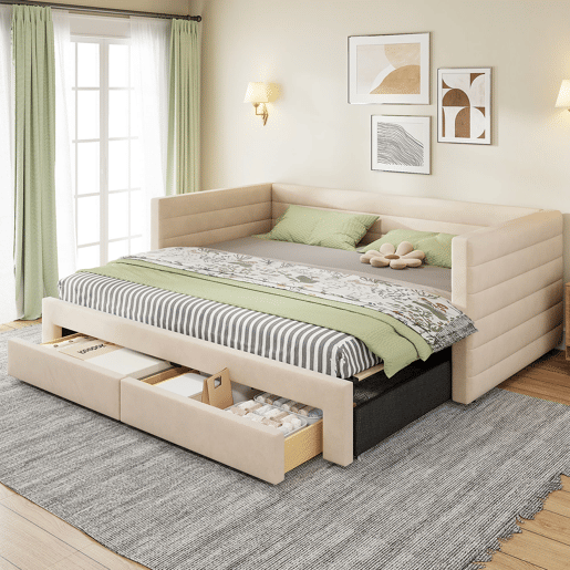 Sofá-cama 90x190 cm 3 em 1 - Multifuncional com gavetas, convertível em cama individualdupla - Bege