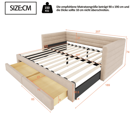 Sofá-cama 90x190 cm 3 em 1 - Multifuncional com gavetas, convertível em cama individualdupla - Bege