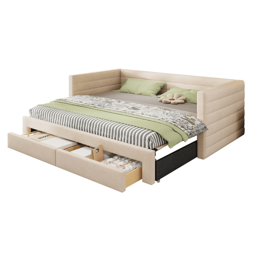 Sofá-cama 90x190 cm 3 em 1 - Multifuncional com gavetas, convertível em cama individualdupla - Bege