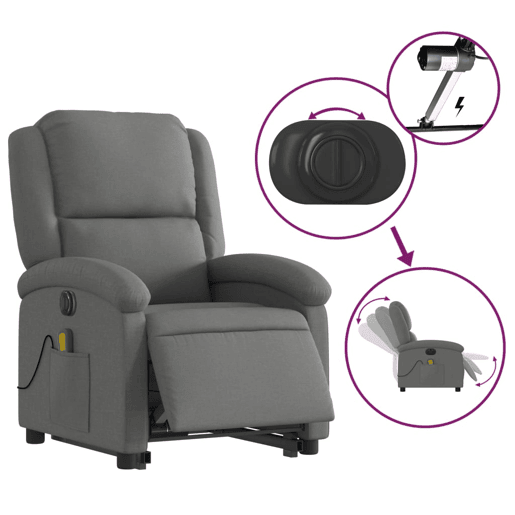Poltrona elétrica elevatória massagens - Poltrona relax tecido cinzento-escuro