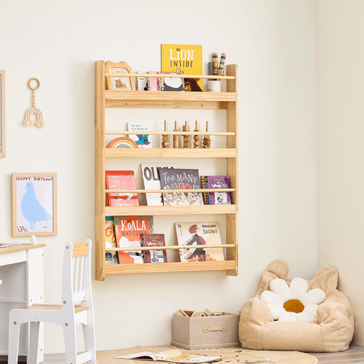 SoBuy KMB08-N Estante de parede Montessori para crianças com 4 prateleiras Estante para crianças Estante para sala de jogos para crianças Natural 80x12x118cm