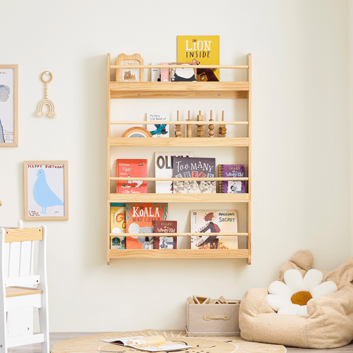 SoBuy KMB08-N Estante de parede Montessori para crianças com 4 prateleiras Estante para crianças Estante para sala de jogos para crianças Natural 80x12x118cm