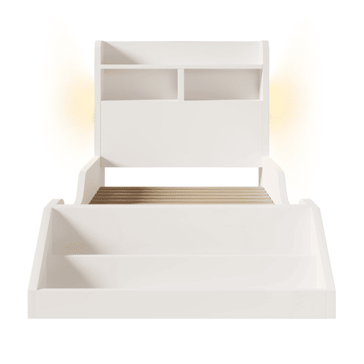 Cama individual 90x200 cm - Juvenil com prateleiras, luz noturna, estante removível, estrado incluído - Branco