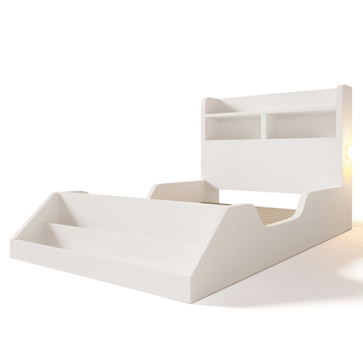 Cama individual 90x200 cm - Juvenil com prateleiras, luz noturna, estante removível, estrado incluído - Branco