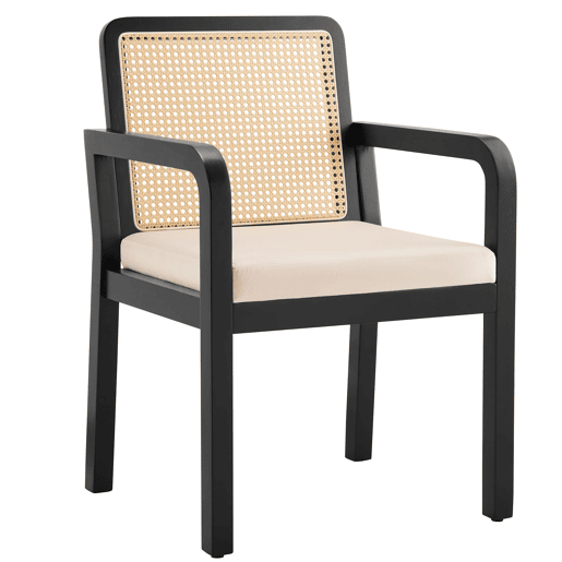 Cadeira de jantar em veludo (6 unidades) - Ergonómica, encosto em rattan, pernas em madeira de borracha - Preto