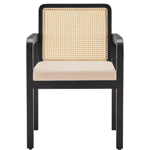 Cadeira de jantar em veludo (6 unidades) - Ergonómica, encosto em rattan, pernas em madeira de borracha - Preto