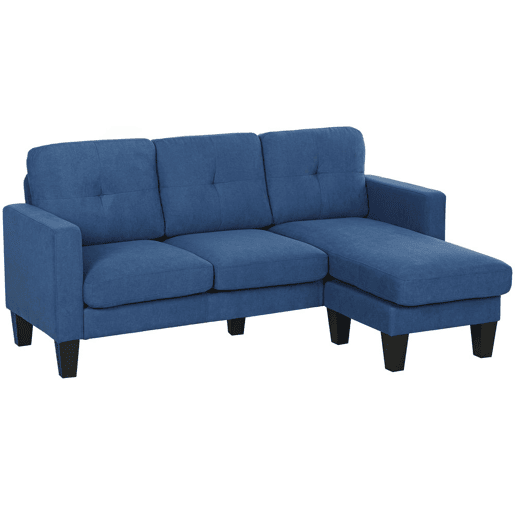 HOMCOM Sofá Chaise Longue Sofá em Forma de L Estofado em Poliéster Sofá de Canto Reversível com 3 Almofadas e Pés de Madeira para Sala de Estar Carga Máxima 180 kg 186x130x84 cm Azul Escuro
