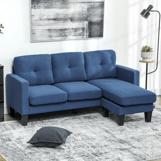 HOMCOM Sofá Chaise Longue Sofá em Forma de L Estofado em Poliéster Sofá de Canto Reversível com 3 Almofadas e Pés de Madeira para Sala de Estar Carga Máxima 180 kg 186x130x84 cm Azul Escuro