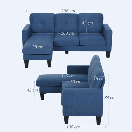 HOMCOM Sofá Chaise Longue Sofá em Forma de L Estofado em Poliéster Sofá de Canto Reversível com 3 Almofadas e Pés de Madeira para Sala de Estar Carga Máxima 180 kg 186x130x84 cm Azul Escuro