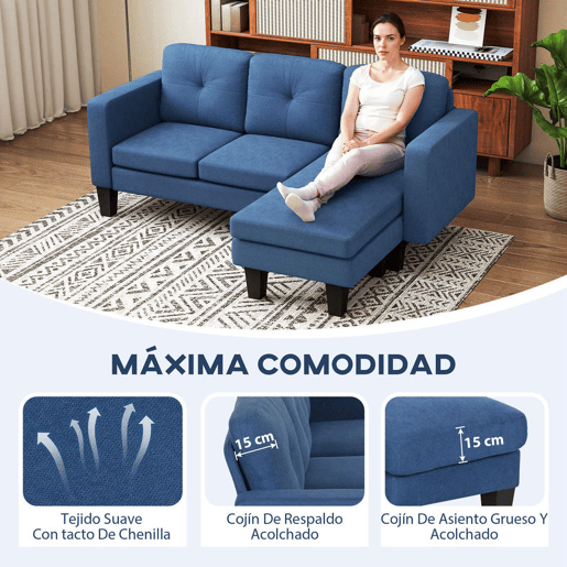 HOMCOM Sofá Chaise Longue Sofá em Forma de L Estofado em Poliéster Sofá de Canto Reversível com 3 Almofadas e Pés de Madeira para Sala de Estar Carga Máxima 180 kg 186x130x84 cm Azul Escuro