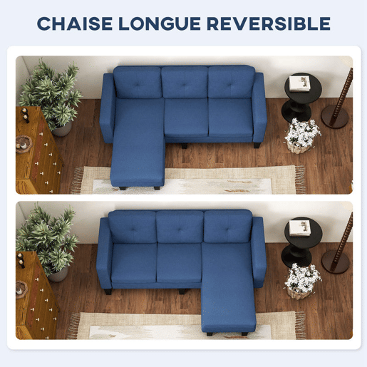 HOMCOM Sofá Chaise Longue Sofá em Forma de L Estofado em Poliéster Sofá de Canto Reversível com 3 Almofadas e Pés de Madeira para Sala de Estar Carga Máxima 180 kg 186x130x84 cm Azul Escuro