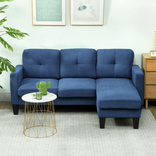 HOMCOM Sofá Chaise Longue Sofá em Forma de L Estofado em Poliéster Sofá de Canto Reversível com 3 Almofadas e Pés de Madeira para Sala de Estar Carga Máxima 180 kg 186x130x84 cm Azul Escuro