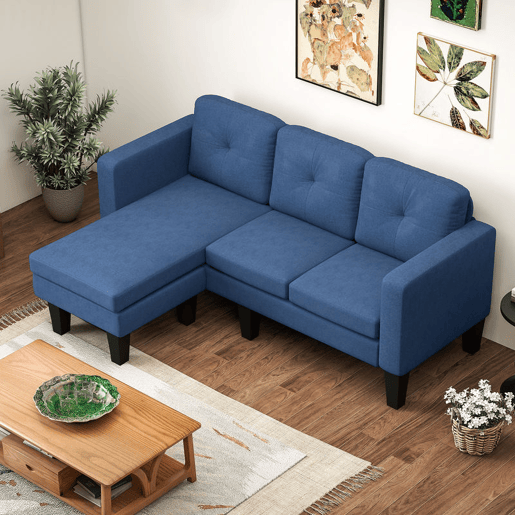HOMCOM Sofá Chaise Longue Sofá em Forma de L Estofado em Poliéster Sofá de Canto Reversível com 3 Almofadas e Pés de Madeira para Sala de Estar Carga Máxima 180 kg 186x130x84 cm Azul Escuro