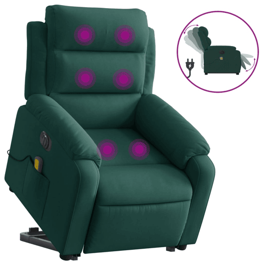 Poltrona massagens elevatória elétrica veludo verde-escuro