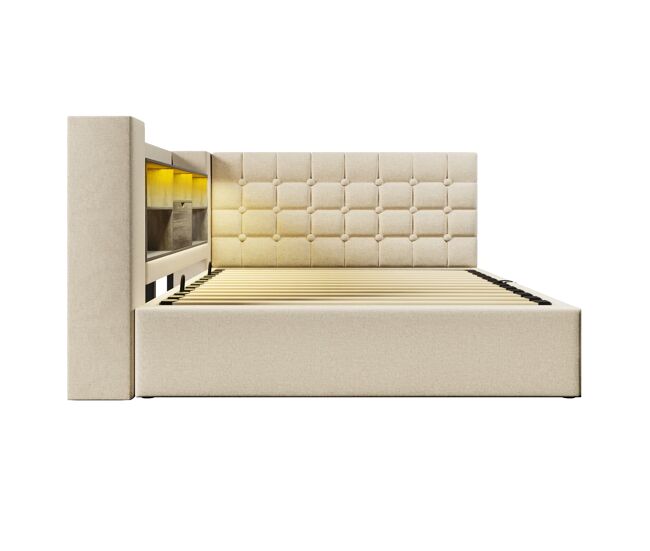 Cama doble 140x190 - led, canapé hidráulico y cabecero con almacenaje - beige