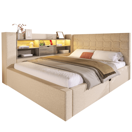 Cama de casal 140x190 - LED, canapé hidráulico e cabeceira com arrumação - bege
