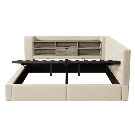 Cama de casal 140x190 - LED, canapé hidráulico e cabeceira com arrumação - bege