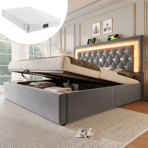 Cama estofada 160x200 cm - LED na cabeceira, USB e Type-C, armazenamento hidráulico - Cinza