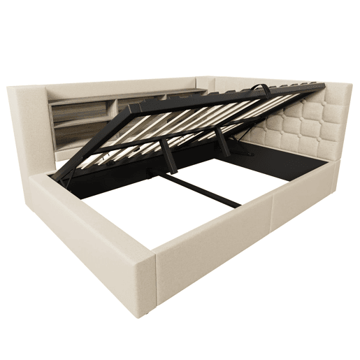 Cama estofada 140x200 - LED, arrumação hidráulica, cabeceira L com espaço - Bege