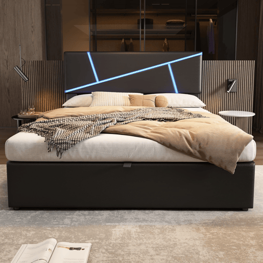 Cama de casal 90x200 cm - Polipiel, cabeceira, LED, armazenamento hidráulico - Preto