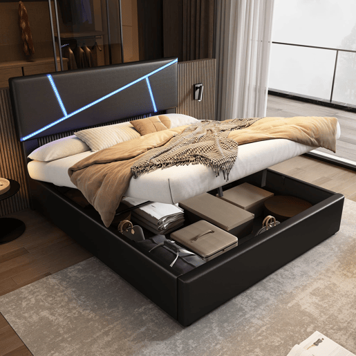 Cama de casal 90x200 cm - Polipiel, cabeceira, LED, armazenamento hidráulico - Preto